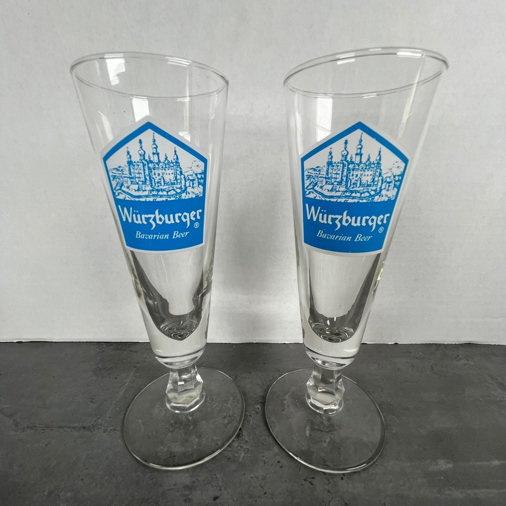 Vintage Wurzburger Bavarian Beer Pilsner Glasses Set of 2 Blue Logo Footed